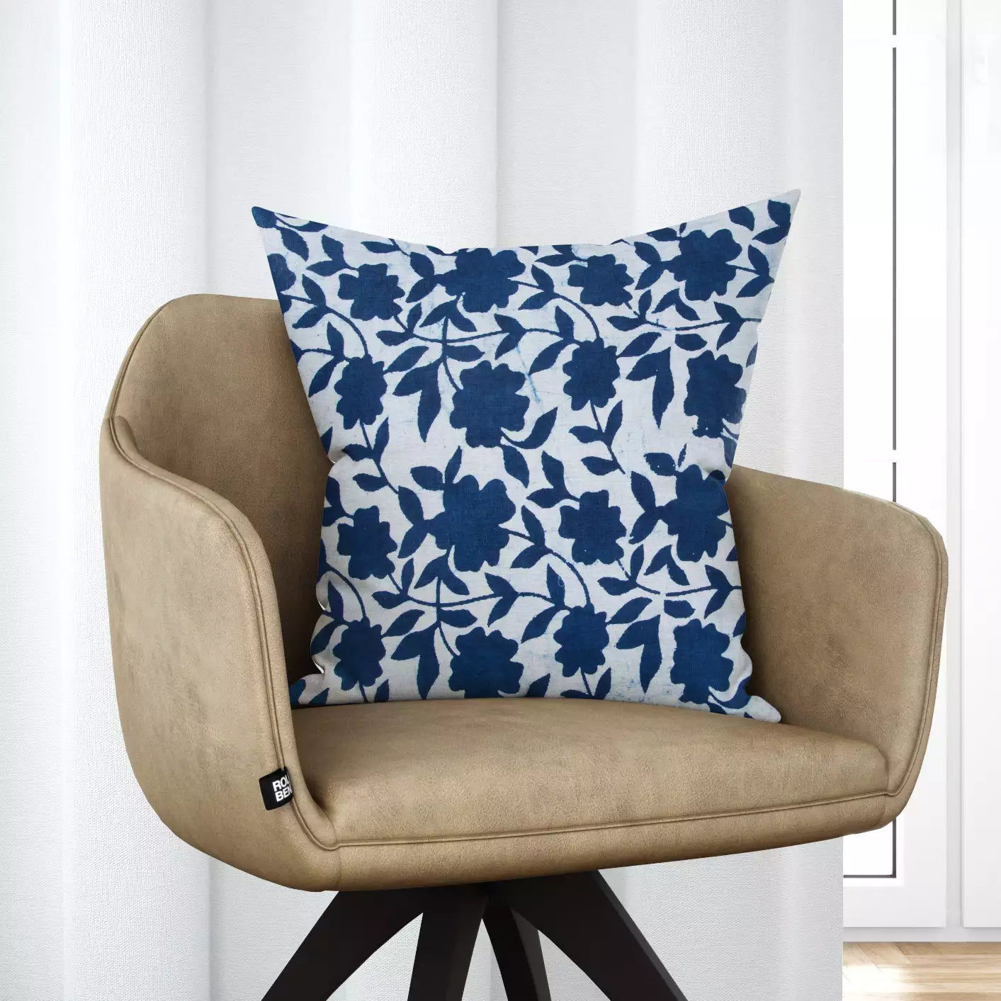 Hand Block Blue Floral Printed Cotton Cushion Cover